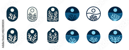 Set of stylish geometric nature icons with moon and coral designs in blue tones