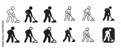 Set of vacuuming and sweeping stick figures in various positions