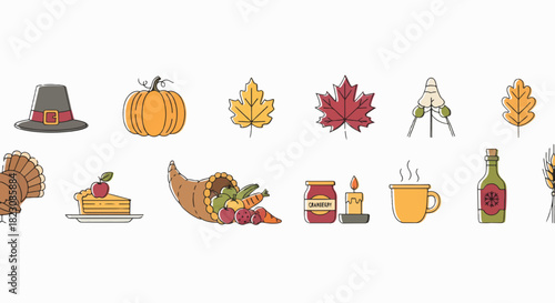 A row of Thanksgiving-themed icons. Depicting a pilgrim hat, pumpkin, leaves, cornucopia, pie, candle, drink, and other symbols associated with the holiday.