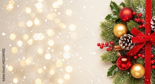 Christmas wreath with red and gold ornaments and holly berries on a white background with bokeh lights.