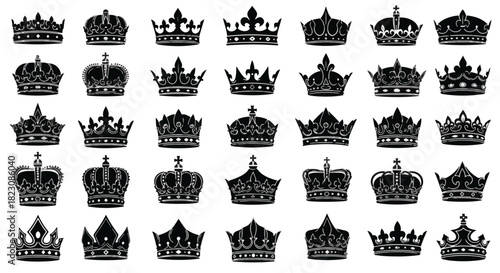 Vector illustration of 30+ unique crown designs. Silhouetted, royal, elegant, and regal.
