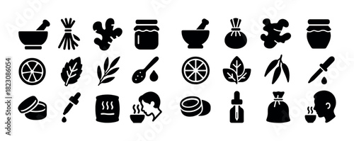Herbal remedies and natural wellness icons collection