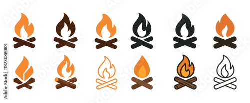Collection of campfire icons with various flame designs and colors