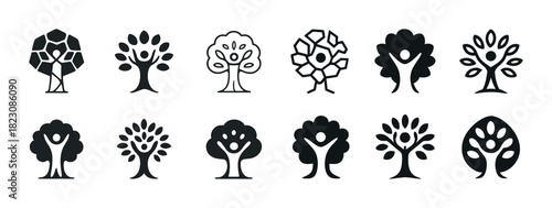 Set of abstract tree icons with human figures in various styles