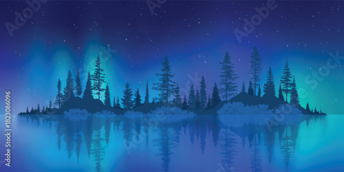 Aurora borealis and the forest reflected in water, winter holiday illustration, northern nature
