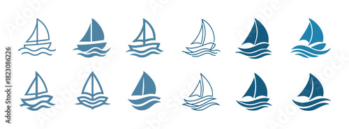 Set of twelve stylized sailboat icons with wave designs