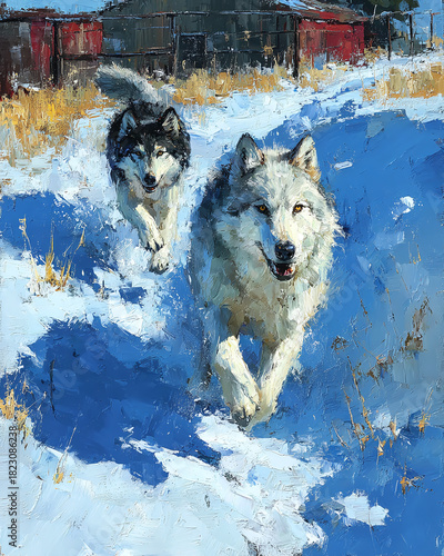 Dynamic oil painting of two friendly wolves or husky dogs running towards the camera through a sunlit, snowy landscape