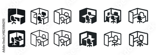 Minimalist icon set of various office desks and chairs in cubicles