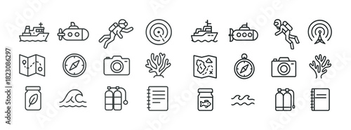 Nautical adventure icons set: ships, submarines, scuba diving, maps, compass, underwater exploration