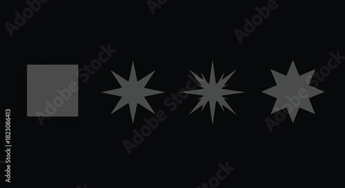 Four gray shapes on a black background. A square, two starbursts with varying points, and a regular eight-pointed star. Simple, graphic, and minimal.