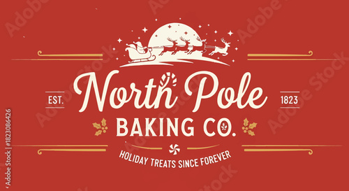 Retro-style North Pole Baking Co. logo. Features Santa in his sleigh with reindeer, stars, & candy canes on a red background. Festive holiday design.