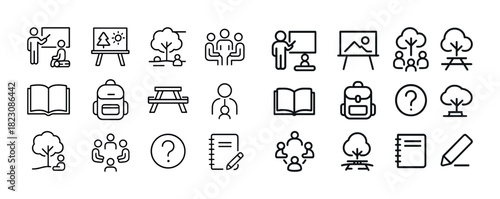 Education and recreation icons: learning, teaching, family, travel, nature