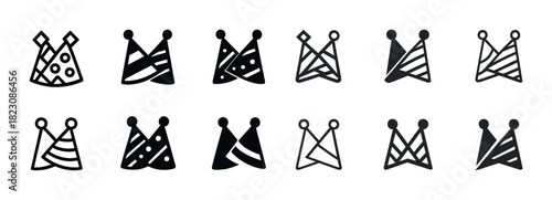 Monochrome party hat icons set in geometric designs