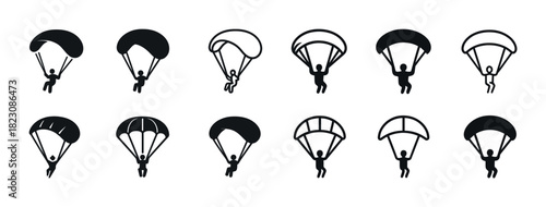 Silhouette icons of parachutists with various parachute designs
