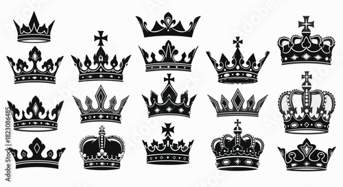 A collection of 15 black and white vector crowns. Each crown has a different shape and design, ranging from simple to ornate.