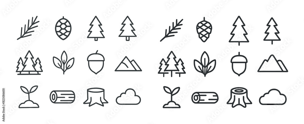 Naklejka premium Forest elements collection: trees, pinecones, leaves, seedlings, acorns, mountains