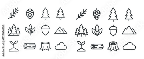 Forest elements collection: trees, pinecones, leaves, seedlings, acorns, mountains