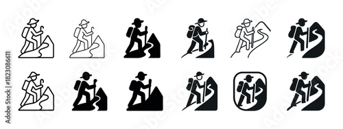 Set of hiking icons with backpackers on trails and mountains