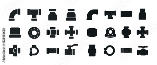 Collection of plumbing pipe fittings and connectors silhouettes on white background