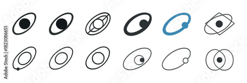 Vector icons of planets with orbits in various minimalist styles