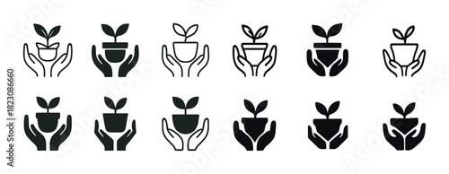 Hands holding seedlings icons set in black and white