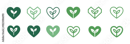 Eco-friendly heart and leaf icons in various shades of green