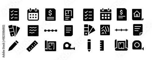Set of black construction and planning icon silhouettes