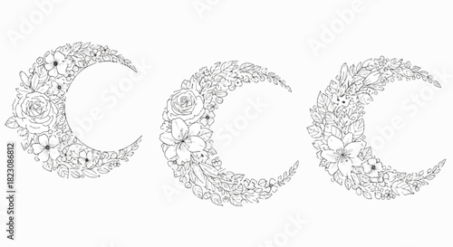 Three crescent moons, each made of intricate floral designs, in black and white. Line art for coloring, elegant & botanical.