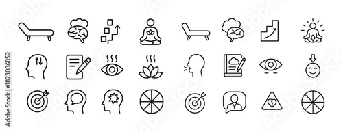 Mindfulness and therapy icons: meditation, brain, goals, relaxation