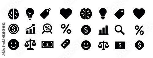 Black icon set: brain, light bulb, price tag, heart, dollar sign, graph, smiley, scale