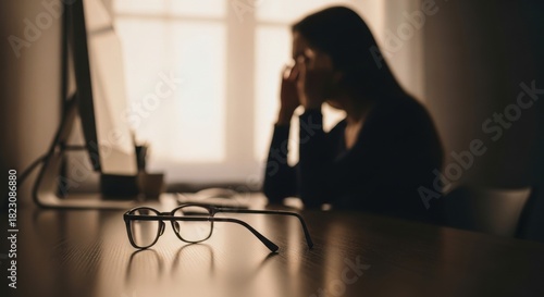Presbyopia Woman concept. Frustrated person working on a computer in a dimly lit room.