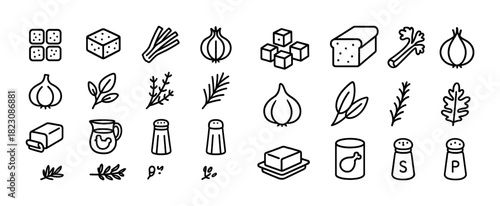 Collection of cooking ingredients and utensils icons in black and white