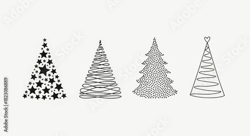 Four stylized Christmas trees in black outlines on a light background. Various decorative patterns distinguish each tree's unique design.