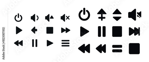 Diverse media control icons set including play, pause, stop, volume, power symbols