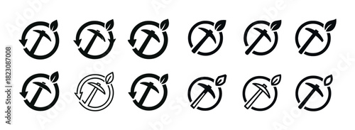 Ecological mining icons with pickaxe and leaf symbolizing sustainability and recycling