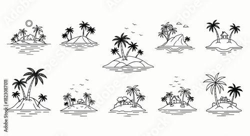 Linear drawings of various tropical islands with palm trees, huts, and the ocean represented by simple lines. Black and white minimalist aesthetic.
