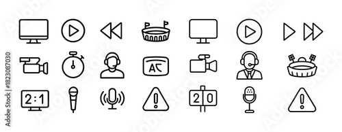 Media control and communication icon set: play, pause, recording, microphone, warning signs