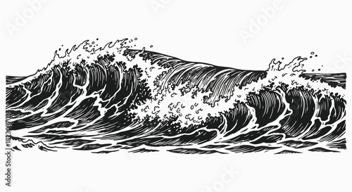 Monochrome drawing of a large ocean wave with intricate details of foam, crest, and swell. The artistic style suggests an engraving or woodcut.
