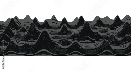 Abstract landscape of undulating grayscale layers resembling topographical contours. Digital art with clean lines and a minimal, graphic aesthetic.