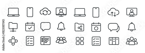Line icons set: technology, devices, communication, organization