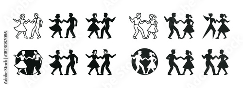 Silhouette dance pairs: couples in various dance positions