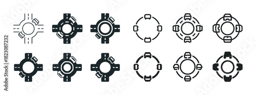 Roundabout designs set: various symbols and icons of intersection layouts and navigation