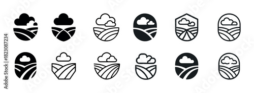 Collection of landscape icon designs with fields and clouds