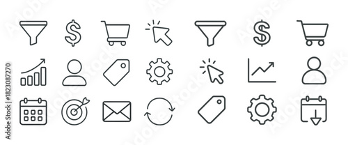 Set of business and marketing icons: funnel, dollar, cart, user, chart, tag, gear
