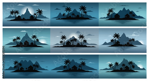 A grid of nine stylized illustrations showing a tropical island silhouette with palm trees, a house, and a mountain backdrop, all set against various shades of blue.