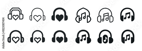 Headphone icon set with heart and music symbols in black and white