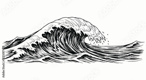 An ink drawing of an ocean wave. The wave is cresting, with detailed shading suggesting movement and texture.