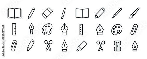 Set of black and white line art icons for writing and drawing tools