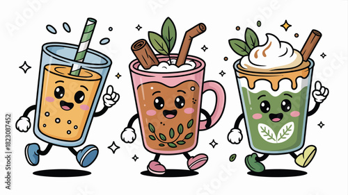 Happy cute cartoon drinks walking together