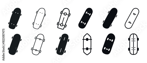 Variety of skateboard icon designs in black and white set
